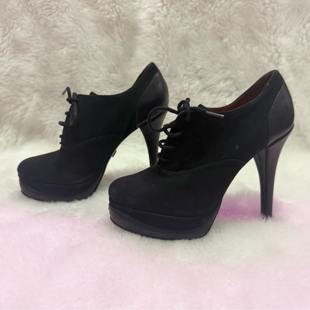 Pour La Victoire black suede platform pumps with laces
size 7
